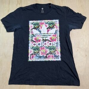 Adidas Men's Medium Black Cotton Floral Graophic 3-Stripe T-Shirt